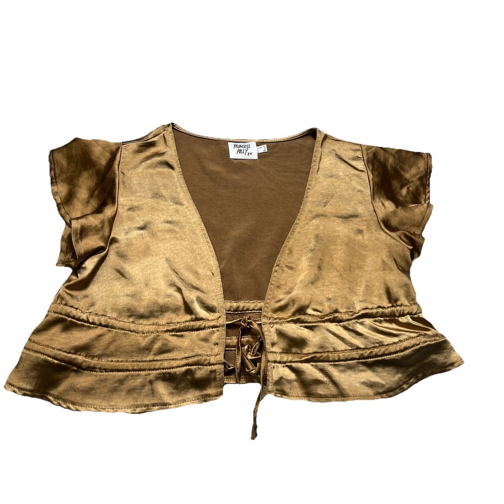 Princess Polly Jamison Reid Womens Size 6 Bronze Satin Tie Front Crop Blouse - Picture 2 of 3